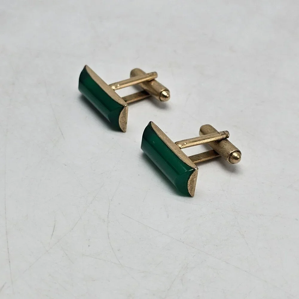Vintage Gold Tone Mid Century Green Onyx Cufflinks